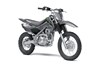 Three-quarter front angle of a gray motorcycle staged in a white studio background.