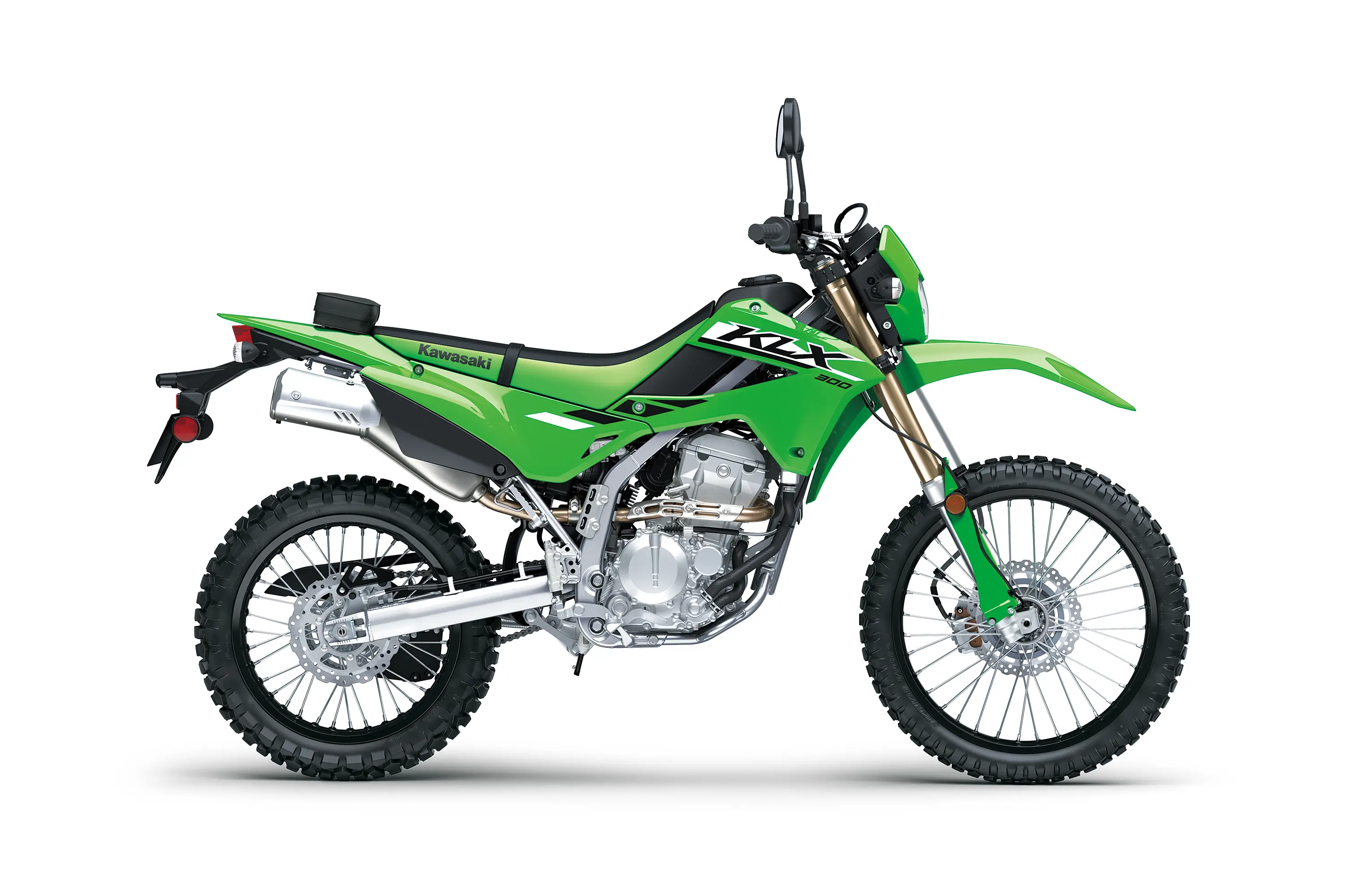 Profile angle of a motorcycle staged in a white studio background.