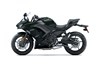 Side angle of a black motorcycle staged in a white studio background.