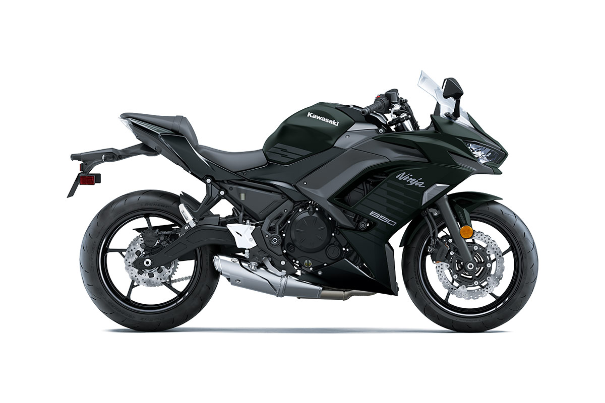 Profile angle of a black motorcycle staged in a white studio background.