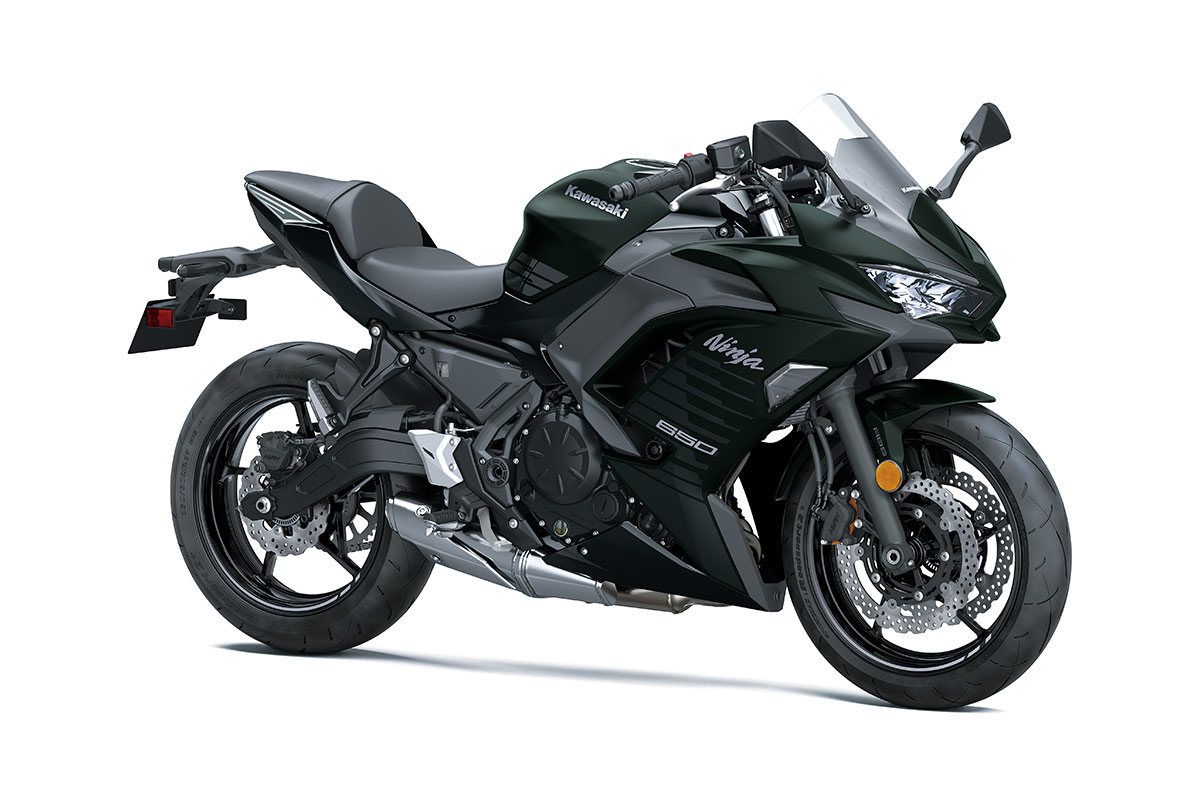 Three-quarter front angle of a black motorcycle staged in a white studio background.