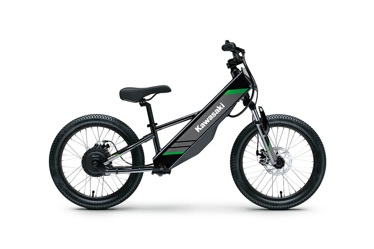 Profile angle of a black electric balance bike staged in a white studio background.
