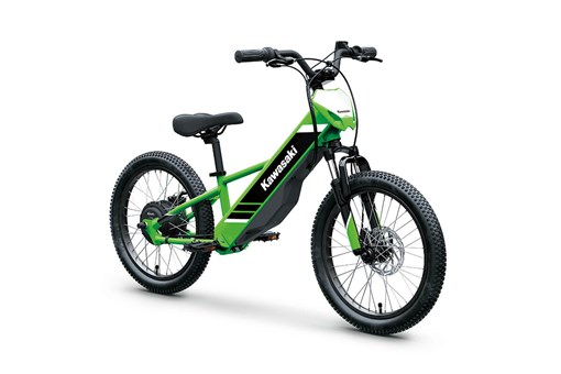 Three-quarter front angle of a lime green electric balance bike staged in a white studio background. opens in a new window