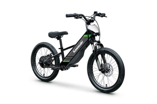 Three-quarter front angle of a black electric balance bike staged in a white studio background. opens in a new window