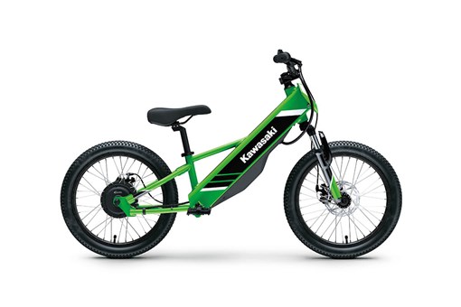 Side angle of a lime green electric balance bike staged in a white studio background. opens in a new window
