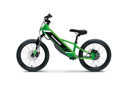 Profile angle of a lime green electric balance bike staged in a white studio background. opens in a new window