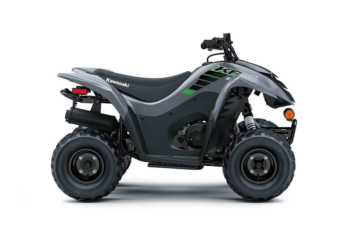 Profile angle of a gray ATV staged in a white studio background.