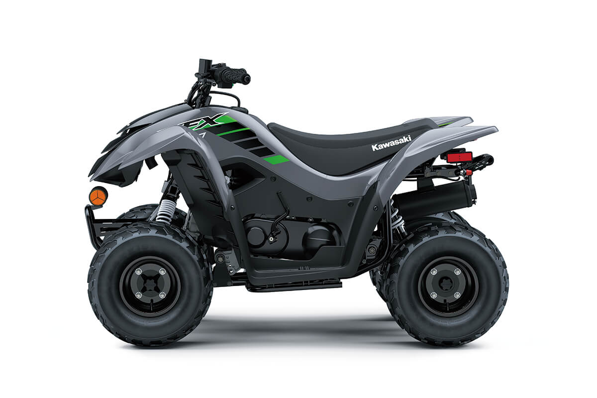 Side angle of a gray ATV staged in a white studio background.