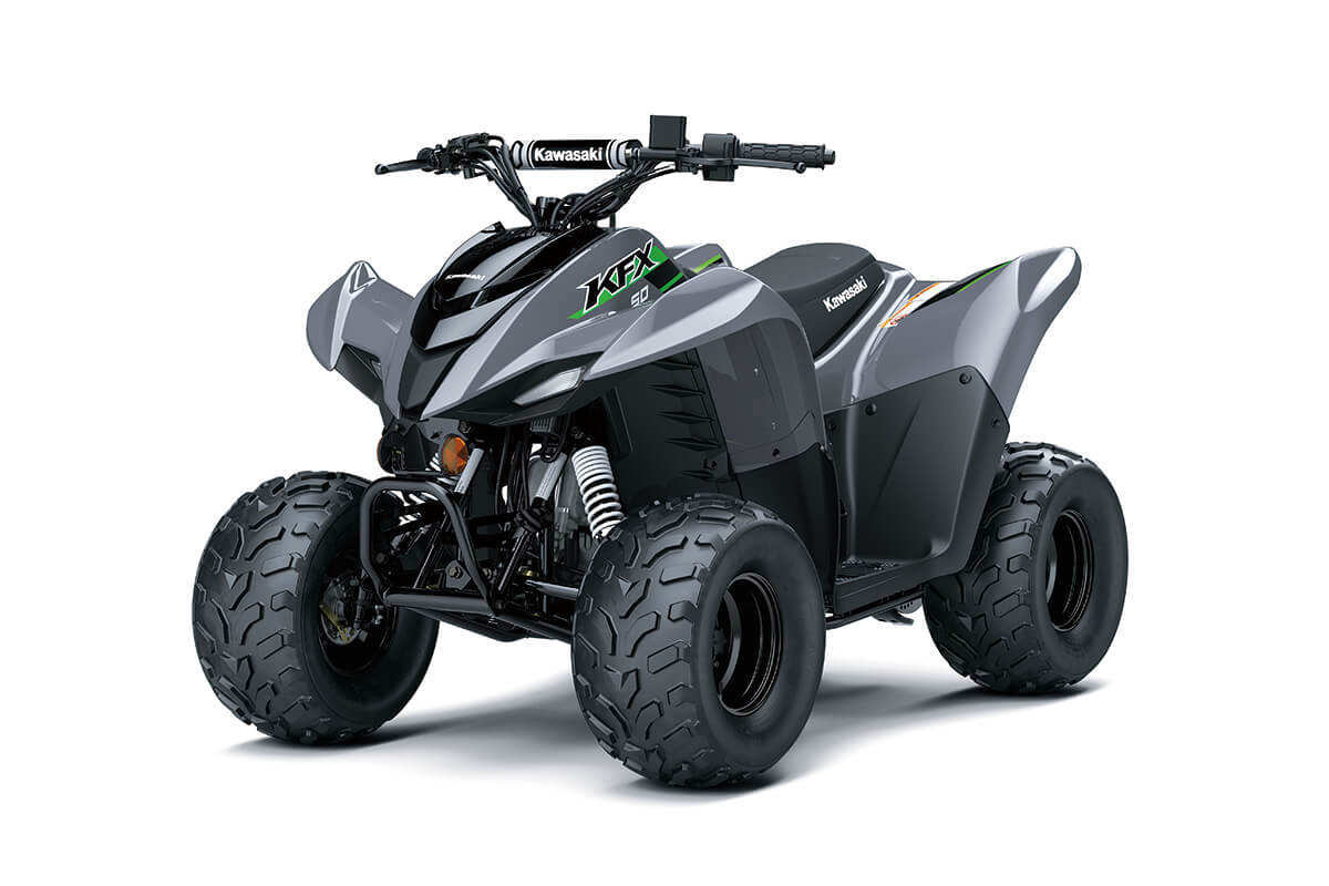 Three-quarter front angle of a gray ATV staged in a white studio background.