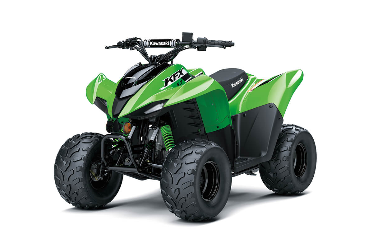 Three-quarter front angle of an ATV staged in a white studio background.