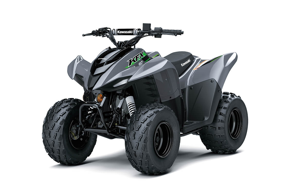 Three-quarter front angle of a gray ATV staged in a white studio background.