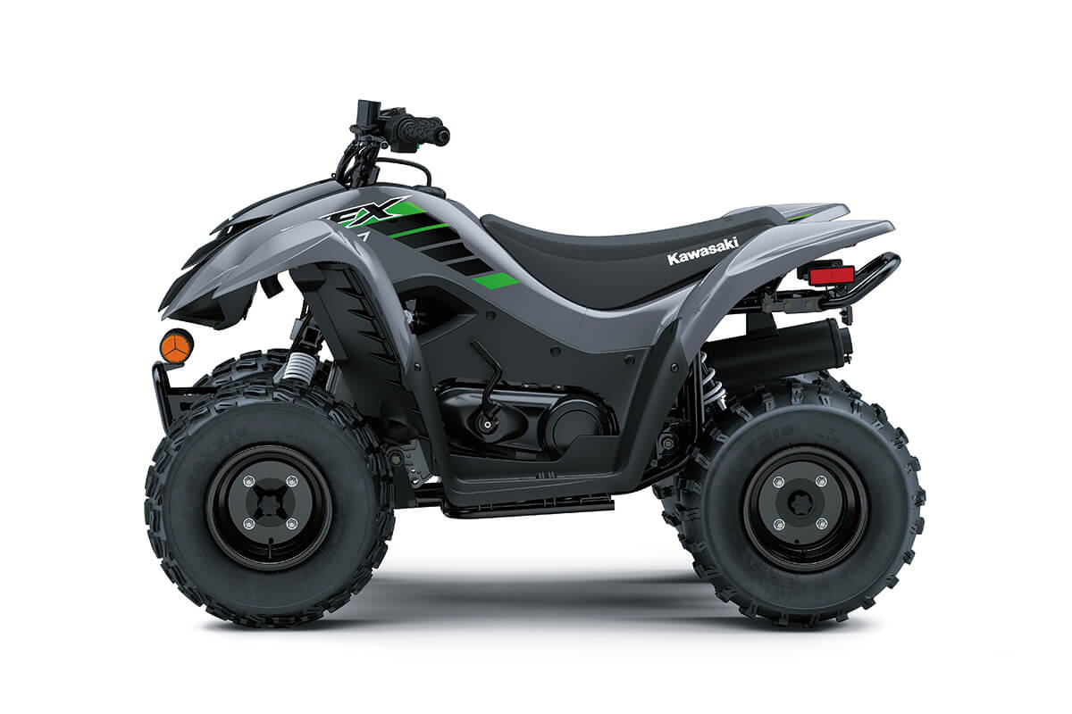 Side angle of a gray ATV staged in a white studio background.