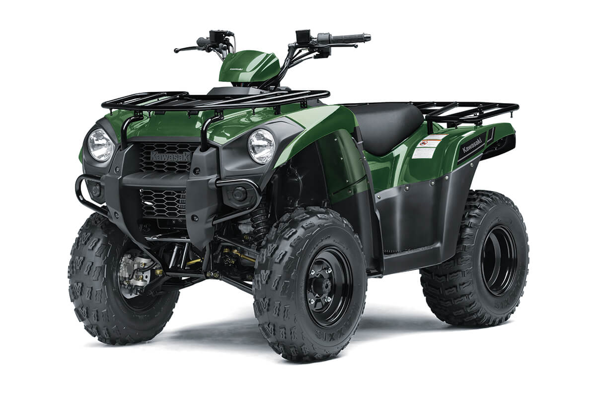 Three-quarter front angle of a green ATV staged in a white studio background.