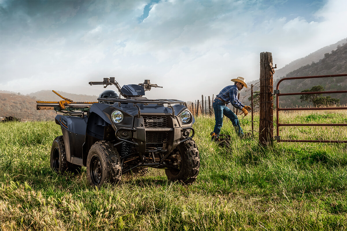 Front angle of a parked ATV off-road.