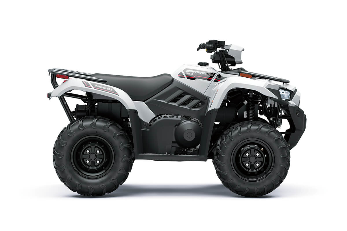 Profile angle of a white ATV staged in a white studio background.