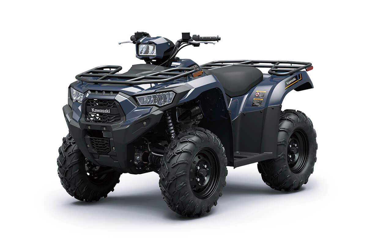 Three-quarter front angle of a gray ATV staged in a white studio background.