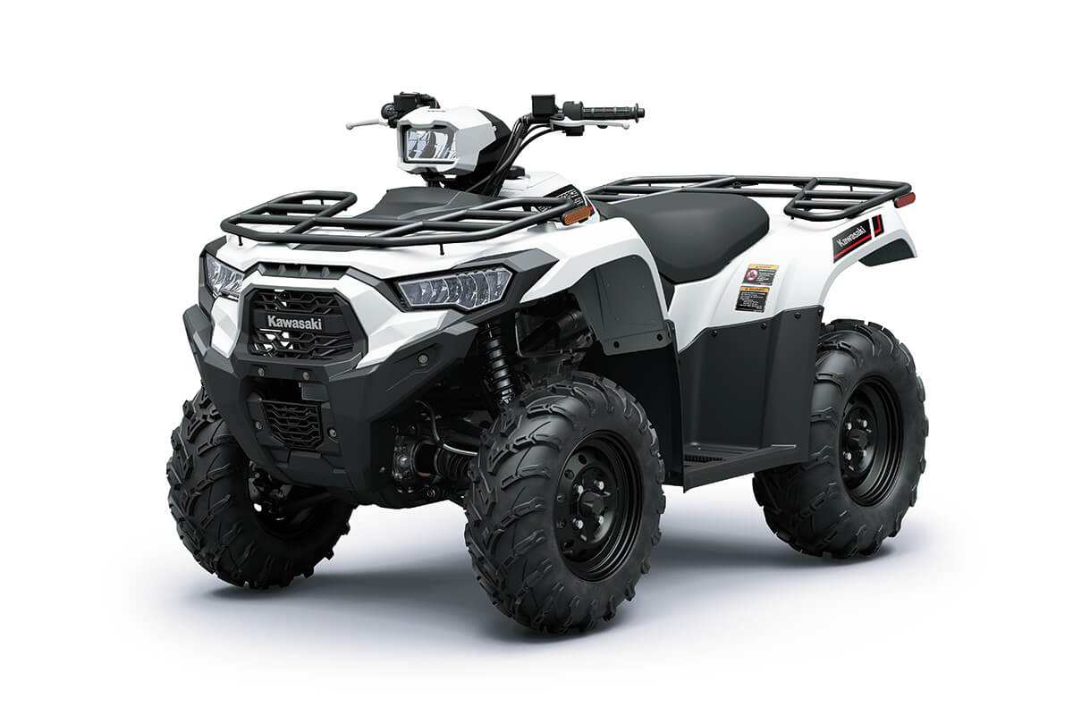 Three-quarter front angle of a white ATV staged in a white studio background.