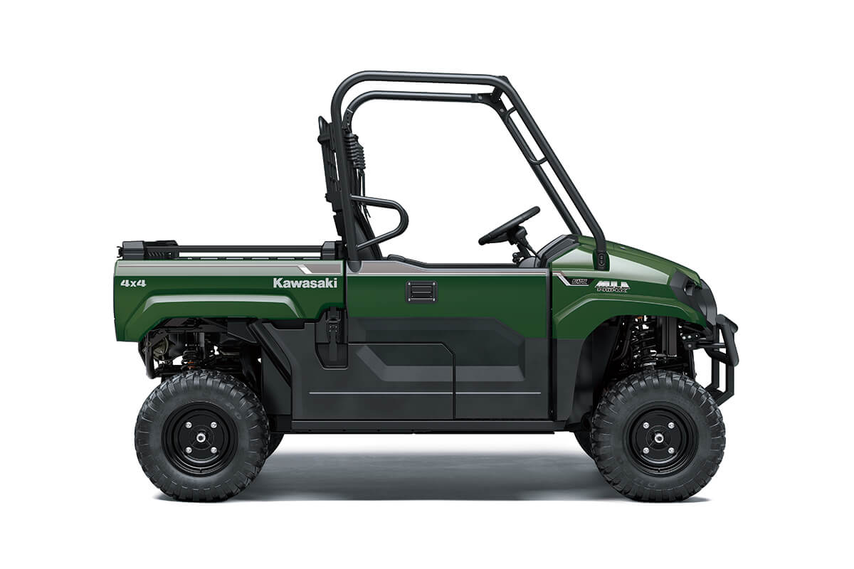 Profile angle of a green side x side staged in a white studio background.