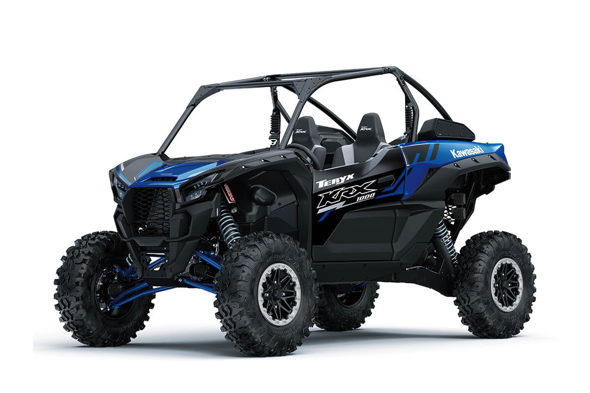 Three-quarter front angle of a blue and black side x side staged in a white studio background.