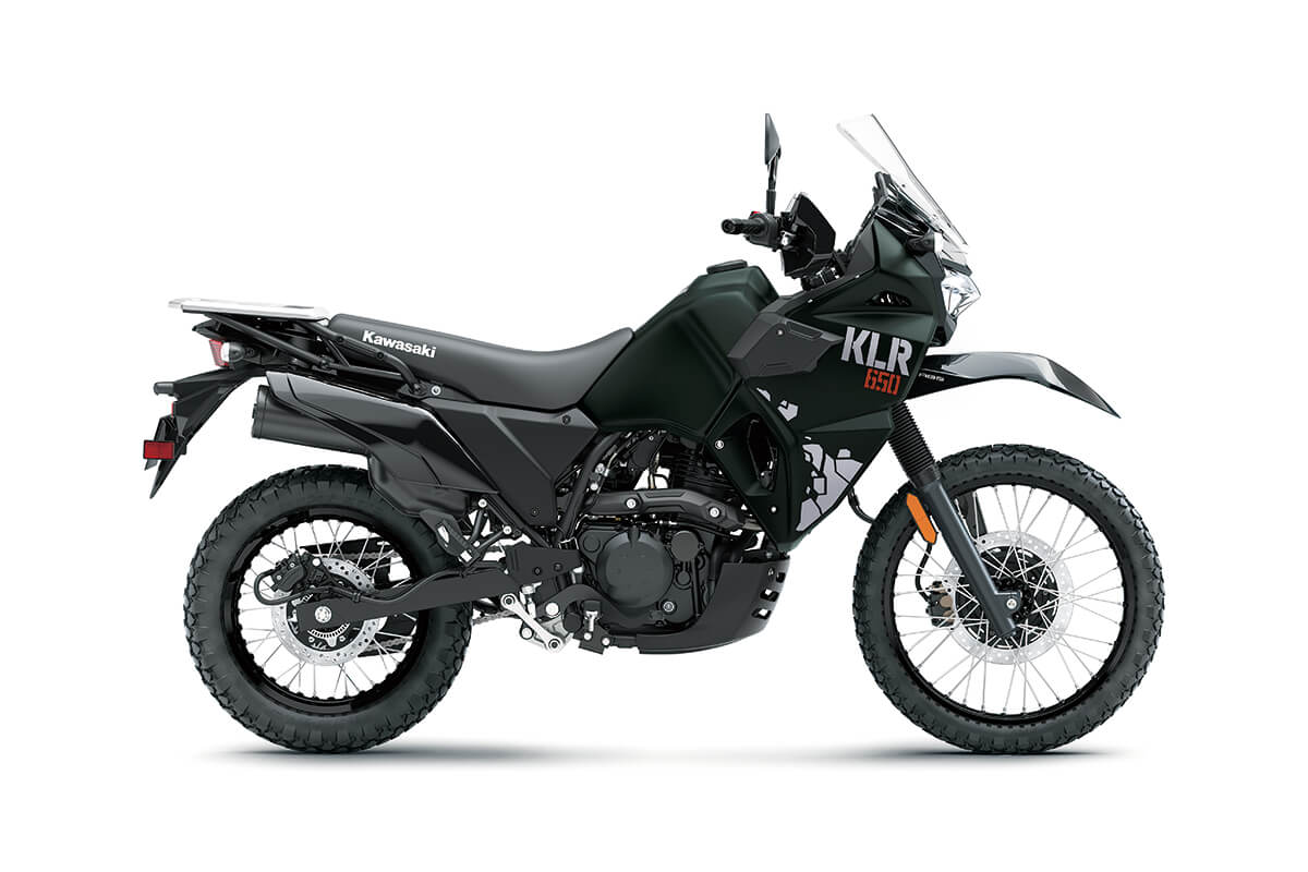 Side angle of a black motorcycle staged in a white studio background.