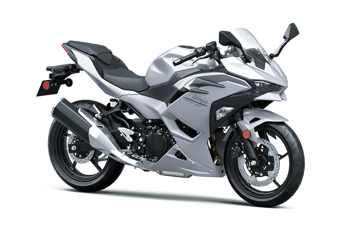 Three-quarter front angle of a motorcycle staged in a white studio background.