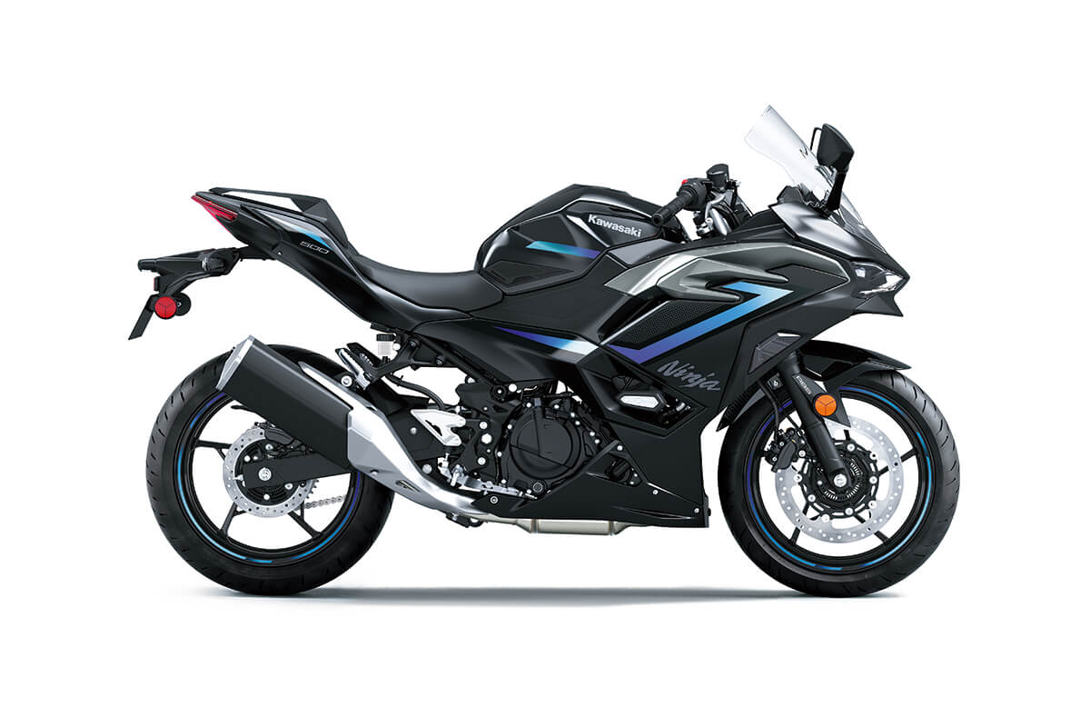 Side angle of a motorcycle staged in a white studio background.