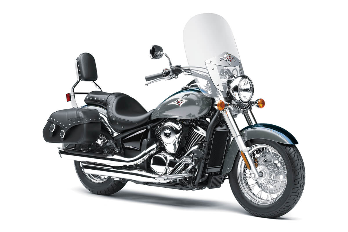 Three-quarter front angle of a motorcycle staged in a white studio background.