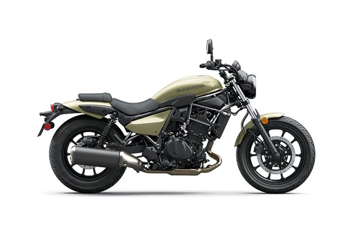 Side angle of a green motorcycle staged in a white studio background. opens in a new window