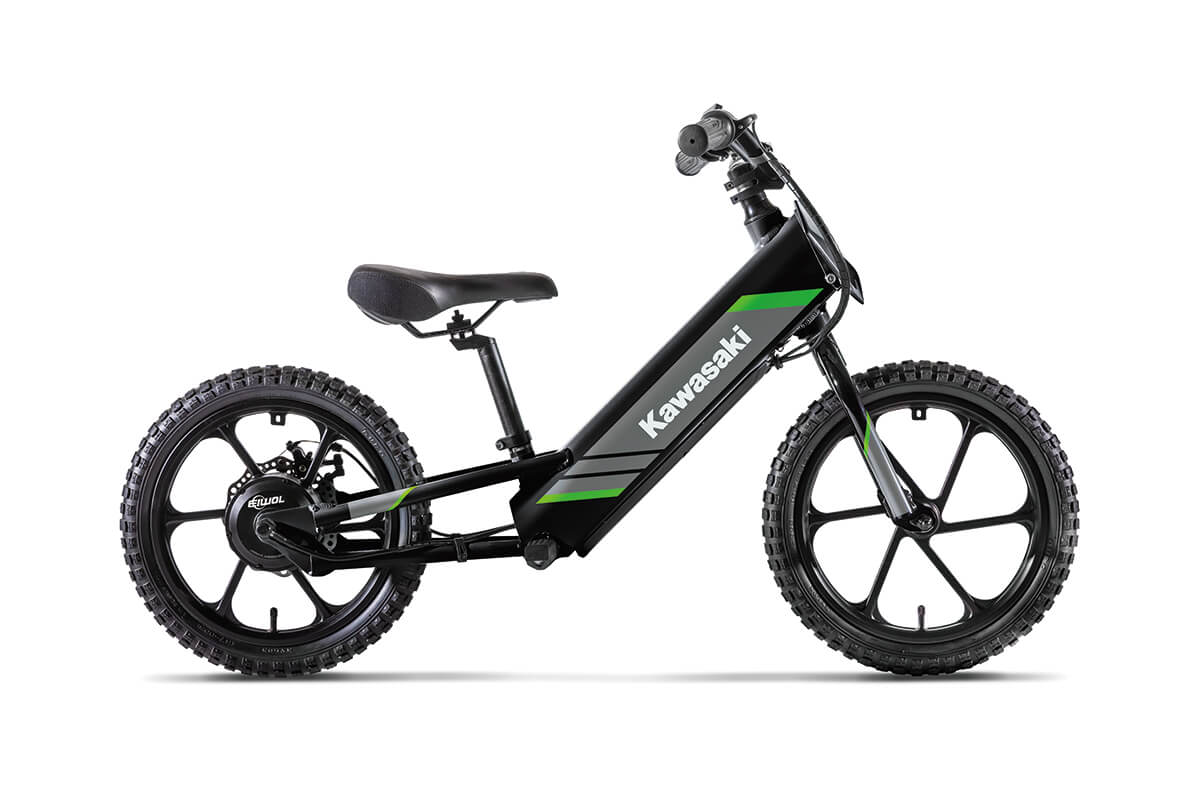 Profile angle of an electric balance bike staged in a white studio background.