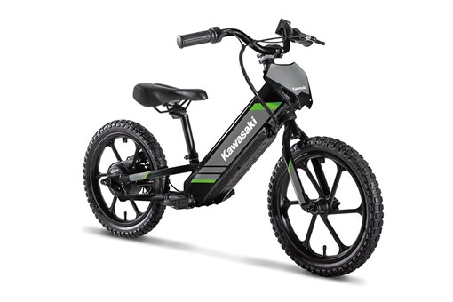 Three-quarter front angle of an electric balance bike staged in a white studio background. opens in a new window