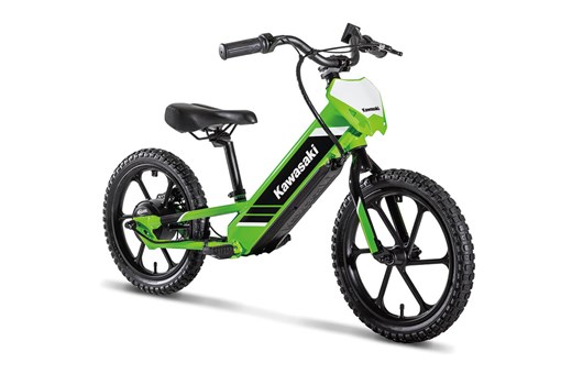 Three-quarter front angle of an electric balance bike staged in a white studio background. opens in a new window