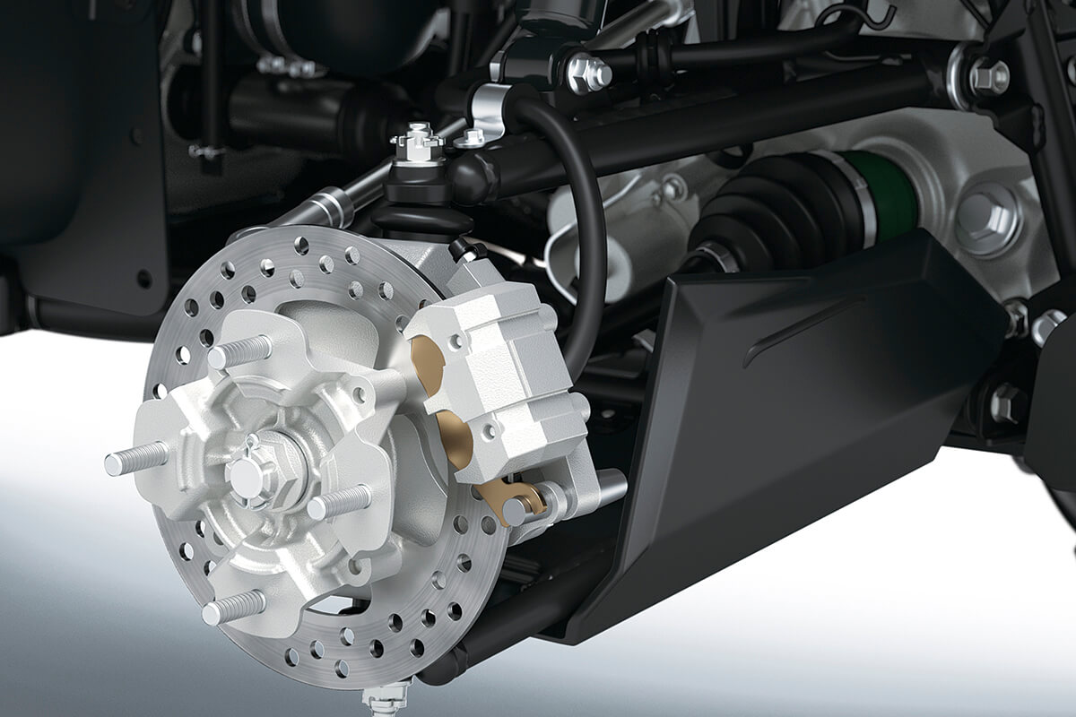 Close-up view of a brake rotor of an ATV.