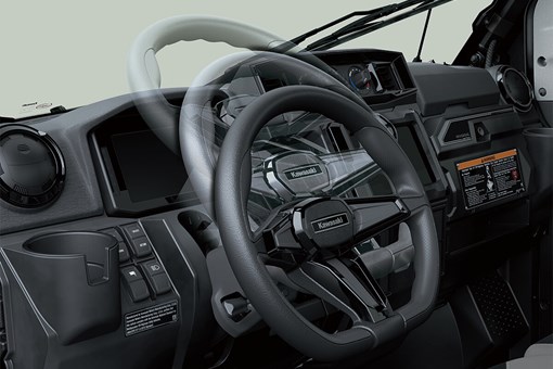 Interior angle view showing adjustability of the steering wheel of a side x side. opens in a new window