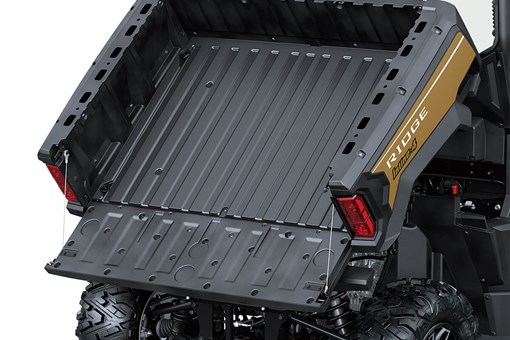 View of a cargo bed of a side x side in raised position with the tailgate down. opens in a new window