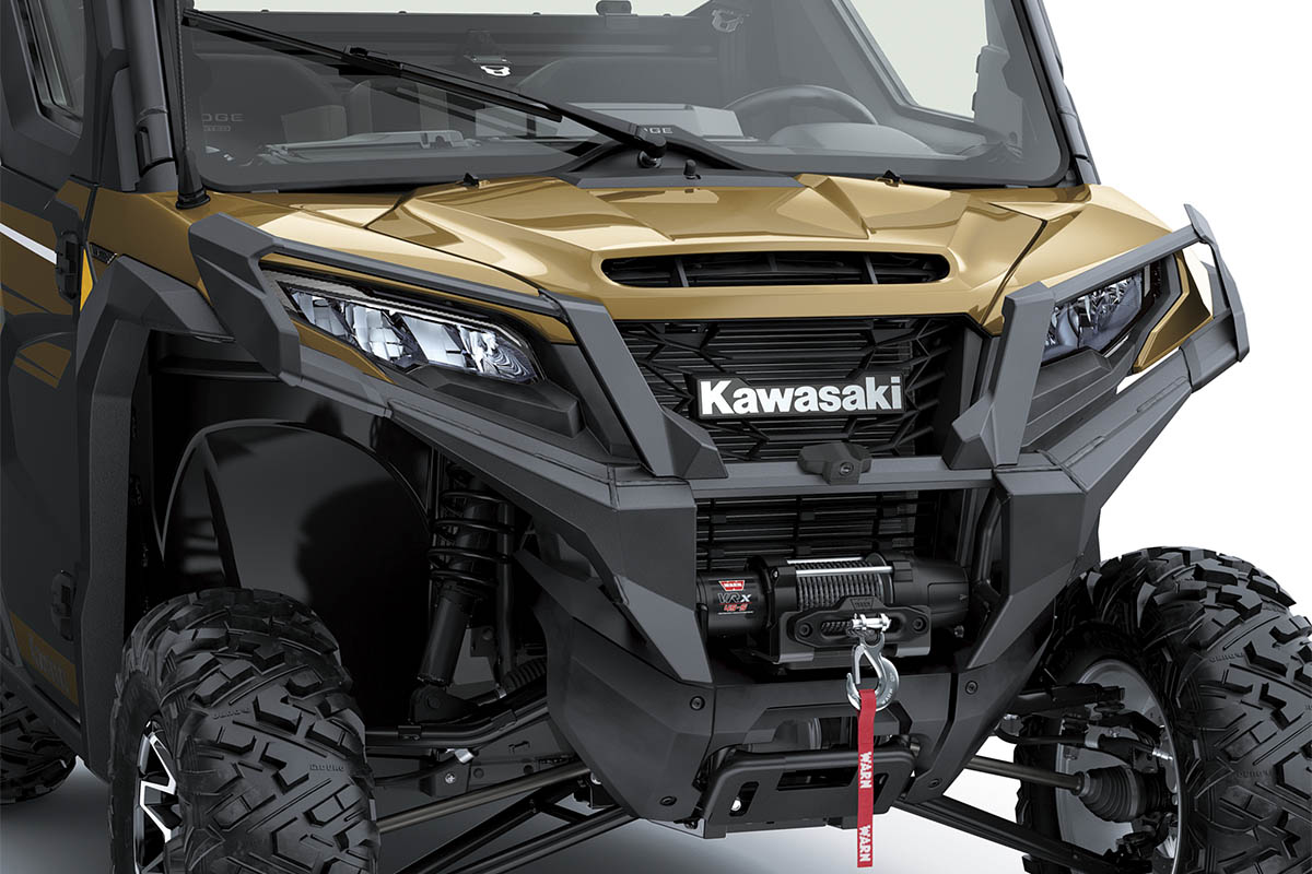 Front view of a gold side x side staged in a white studio background.