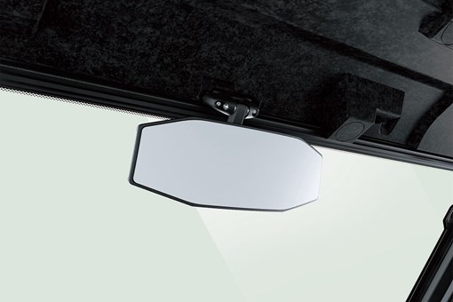 Close-up view of the rearview mirror of a side x side staged in a white studio background. opens in a new window