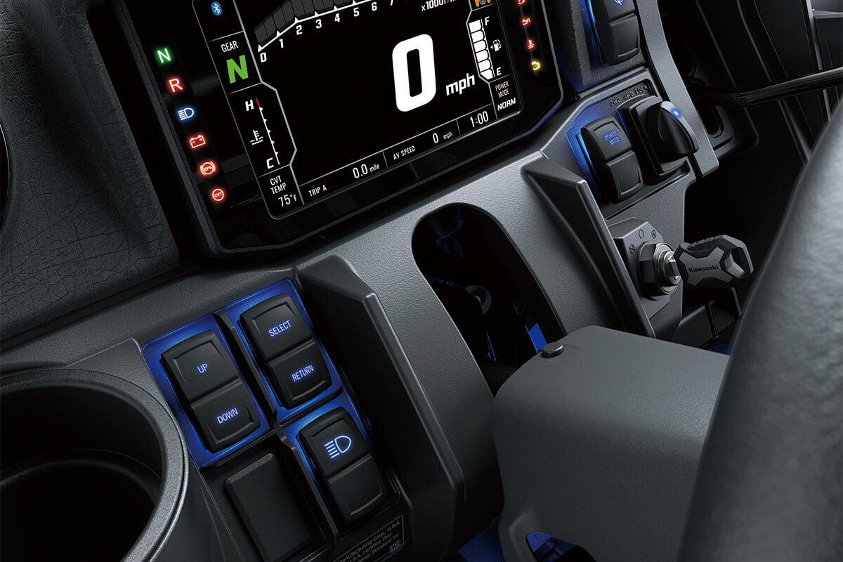 Close-up view of the instrument panel of a side x side.