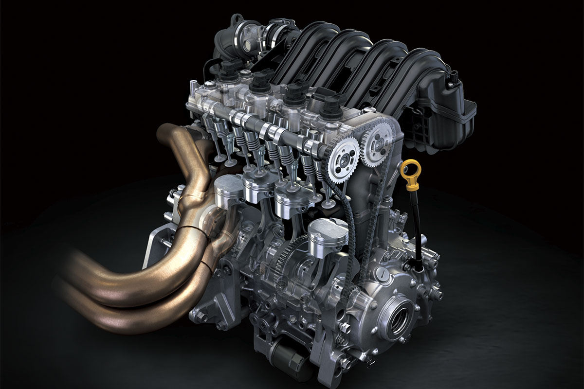 Graphic treatment showing internal mechanical details of a side x side engine.