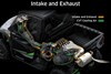 Graphic treatment showing intake and exhaust systems of a side x side.