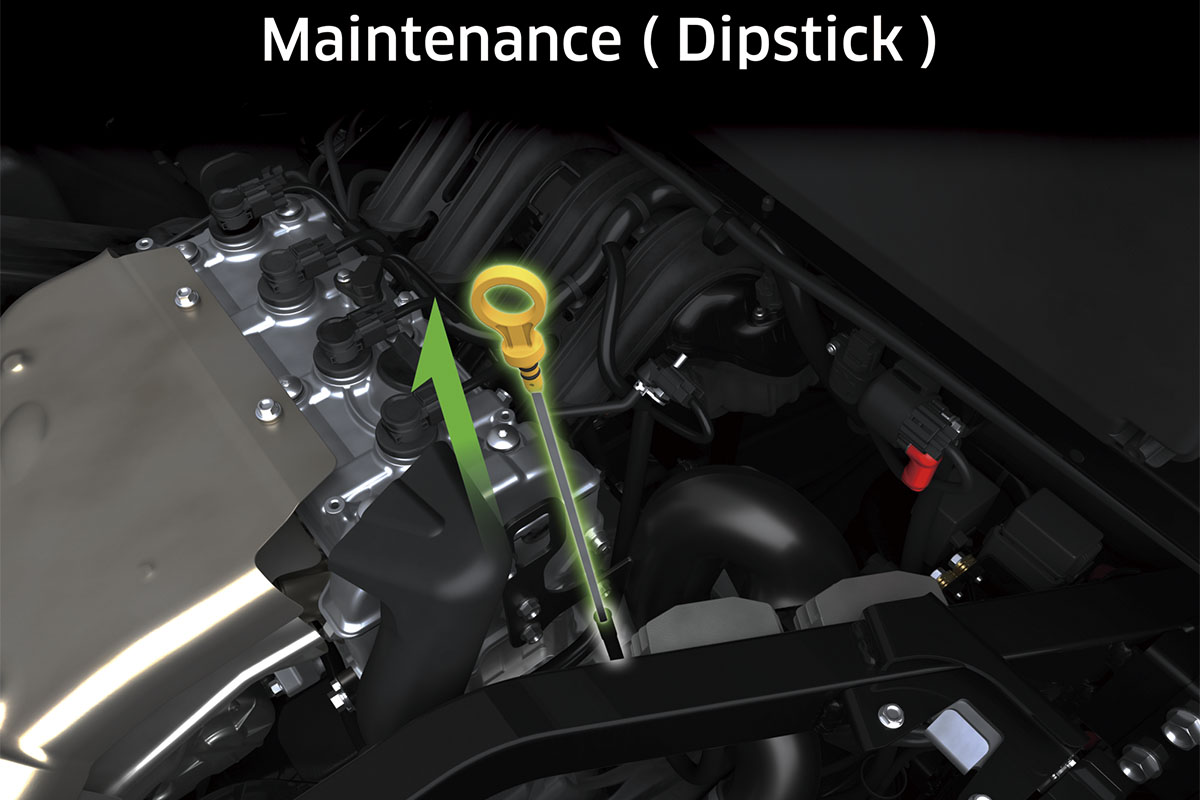 Graphic treatment showing access to the engine oil dipstick of a side x side.