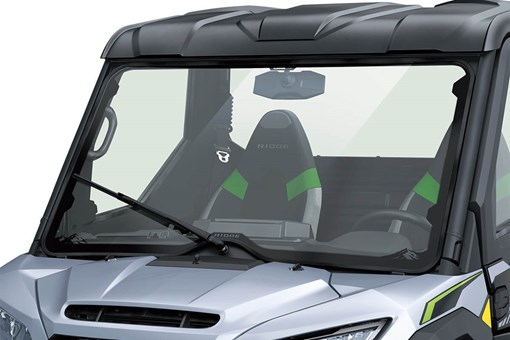 Front angle of the windshield of a side x side staged in a white studio background. opens in a new window