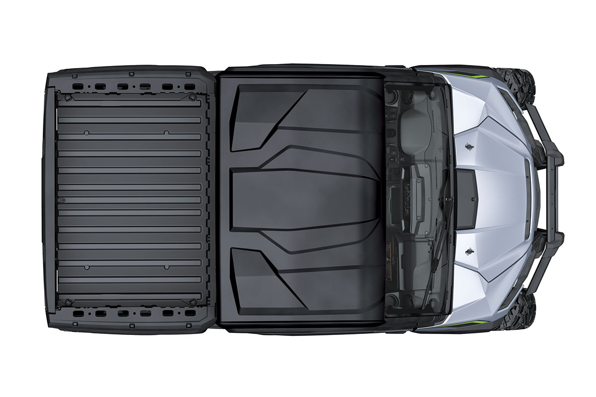 Top-down view of a side x side staged in a white studio background.