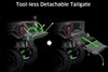 Graphic treatment showing tool-less detachable tailgate operation of a side x side.