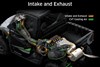 Graphic treatment showing intake and exhaust systems of a side x side.