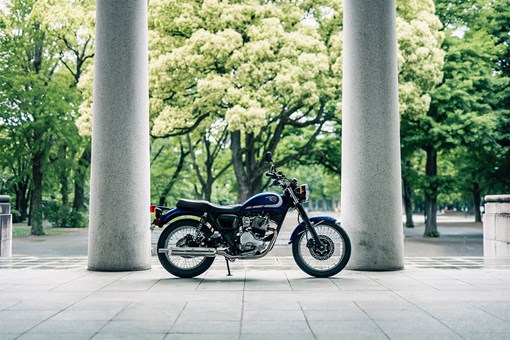 Side angle of a motorcycle parked in a colonnade. opens in a new window