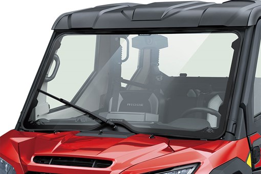 Front view of a windshield of a side x side staged in a white studio background. opens in a new window