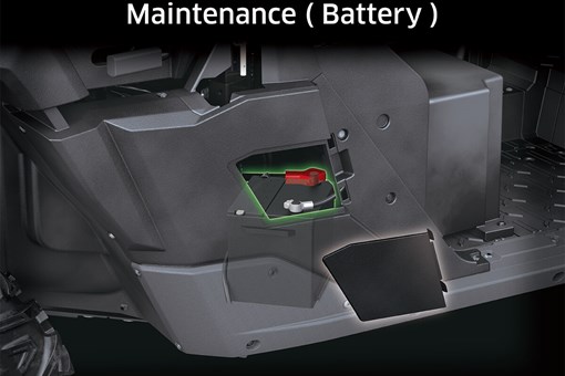 Graphic treatment showing battery access of a side x side. opens in a new window