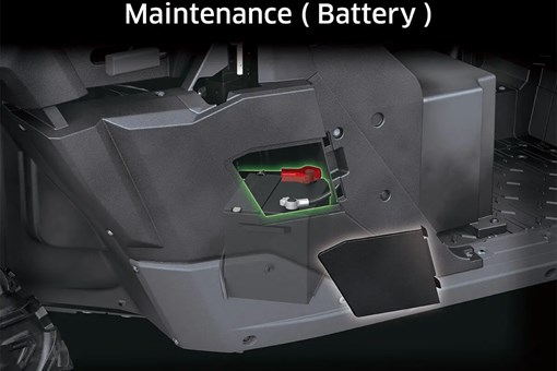 Graphic treatment showing battery access of a side x side. opens in a new window