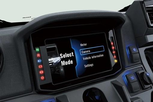 Closeup view of the instrument panel and mode functions of a side x side. opens in a new window