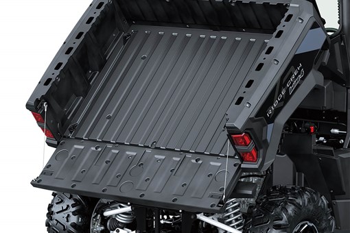 View of a cargo bed of a side x side in raised position with the tailgate down. opens in a new window